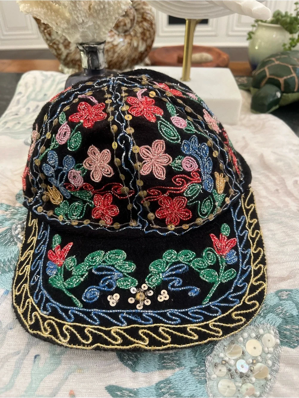 Brand New! Embroidered Floral Black Cap with Multicolor Beading